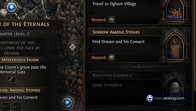 Sorrow Among Stones quest screen in Diablo game