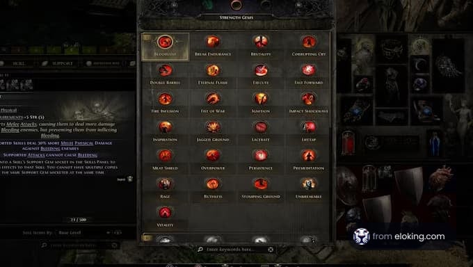 Diablo 4 strength gems interface showing various skill upgrades.