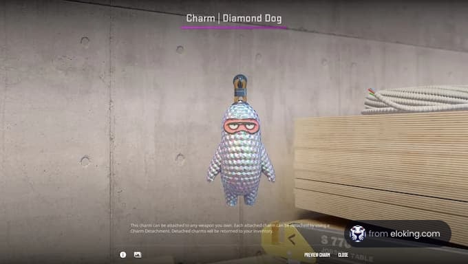 Diamond Dog keychain charm hanging in an in-game environment