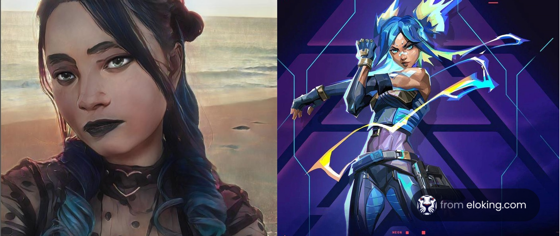 A split image featuring a portrait of a woman with dark hair and a gothic look on the left, and a dynamic action figure with blue hair and futuristic armor on the right