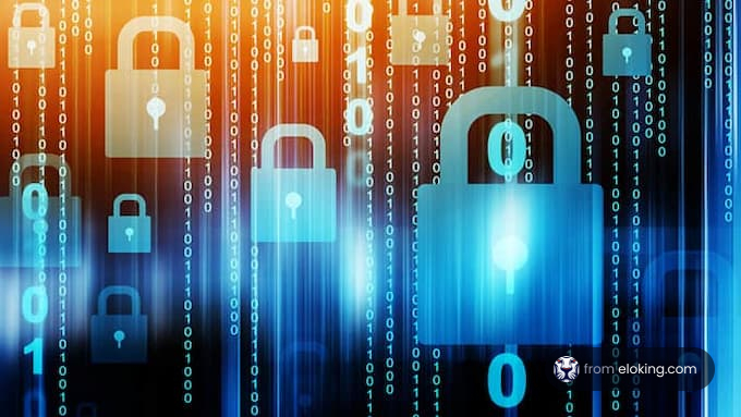Multiple glowing padlocks overlaying digital binary code symbolizing cybersecurity