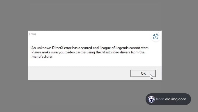 Error message displaying a DirectX issue preventing League of Legends from starting