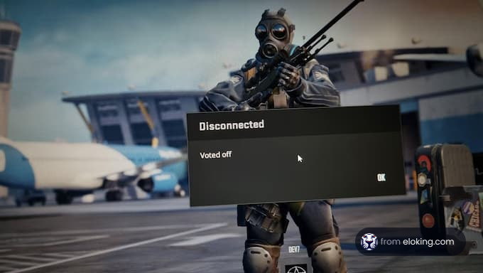 A player wearing a gas mask is disconnected from the game.
