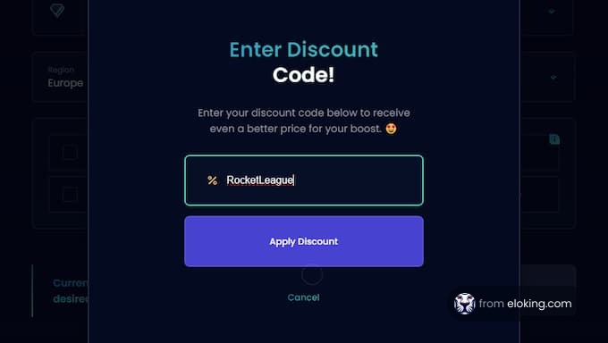 Discount code entry interface with a field labeled RocketLeague