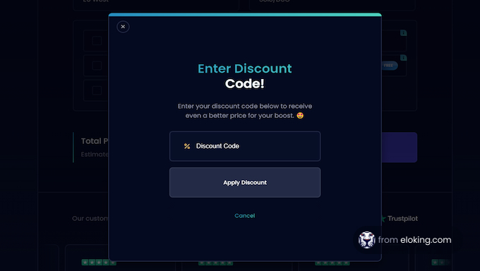 Discount code entry pop-up on a digital service platform
