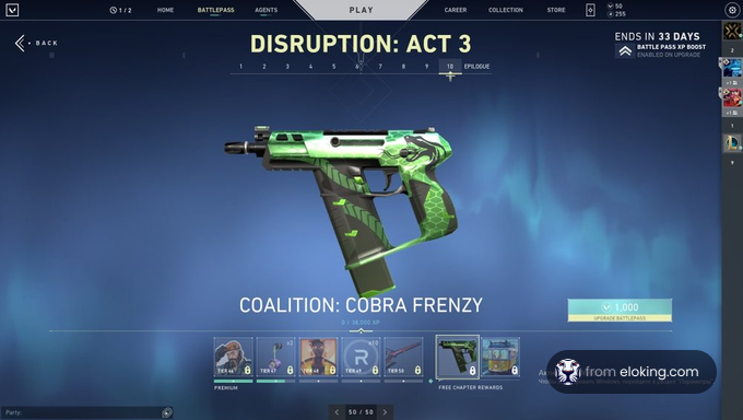 Green and black Cobra Frenzy pistol skin in Disruption Act 3 video game interface
