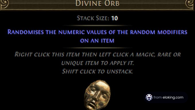 Divine Orb item description from Path of Exile game, providing random modifications.