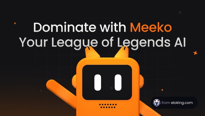 Promotional image for Meeko, a League of Legends AI tool, with an orange robot on a dark background