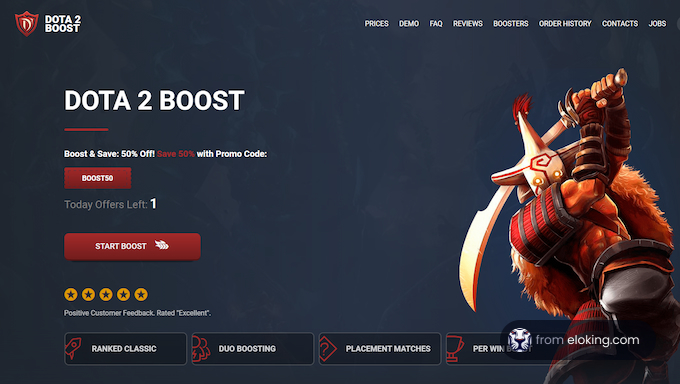 Promotional web page for Dota 2 boosting services featuring a character in combat gear