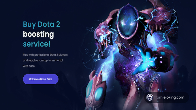 Advertisement for Dota 2 boosting service featuring a stylized character
