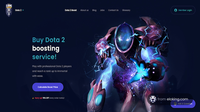 A vibrant promotional banner for Dota 2 boosting services featuring a dynamic character illustration.