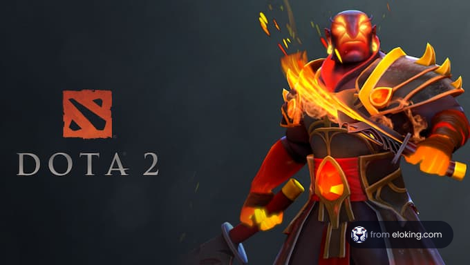 Fiery warrior character from Dota 2 game with a glowing sword and armor