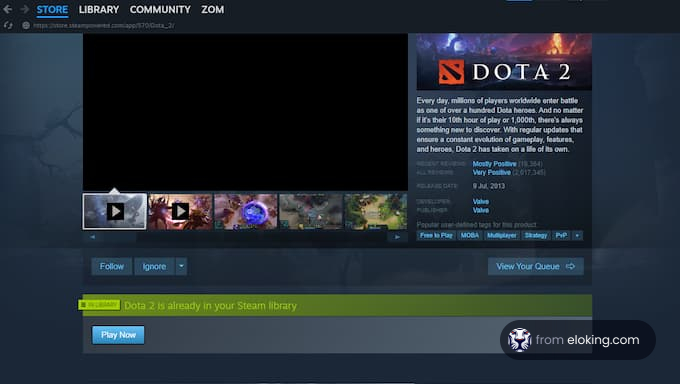 Dota 2 game page on Steam platform displayed on a computer screen