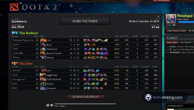 Dota 2 game end screen showing Dire victory with player stats and items
