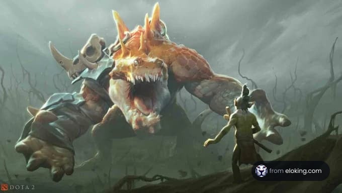 A hero facing a giant monster in an epic battle scene from Dota 2.