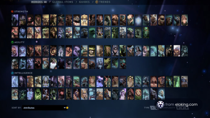Dota 2 hero selection screen showing characters sorted by attributes