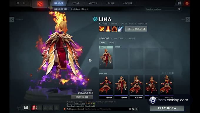 Screenshot of Lina's hero loadout in Dota 2 video game