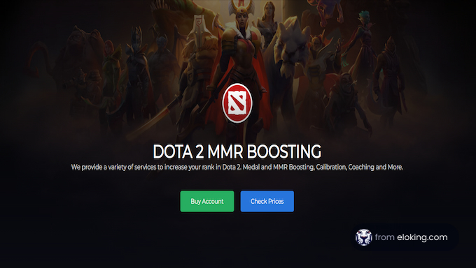Advertisement for Dota 2 MMR boosting service featuring various characters