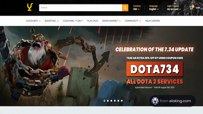 Promotional banner for DOTA 2 displaying a festive character celebrating the 7.34 update.