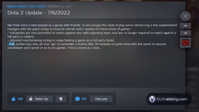 Screenshot of Dota 2 game update notes posted on July 7, 2022