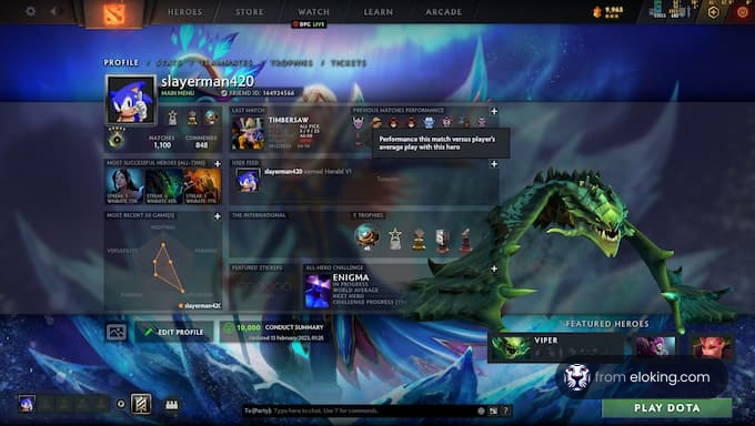 Screenshot of a Dota 2 video game profile page featuring the player 'slayerman420' and the hero Viper