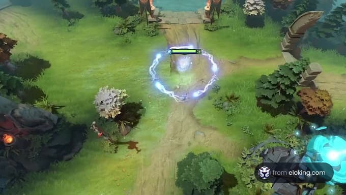 A character performing an action in a Dota 2 game battlefield.