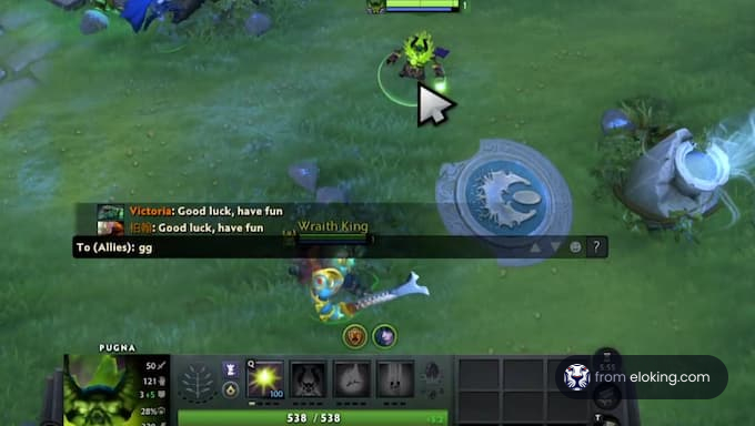 Dota 2 gameplay featuring Pugna with chat messages saying good luck, have fun.