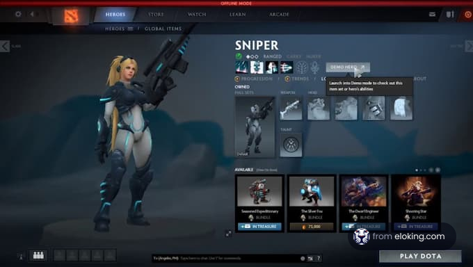 Dota 2 game interface showing a character selection screen with Sniper hero