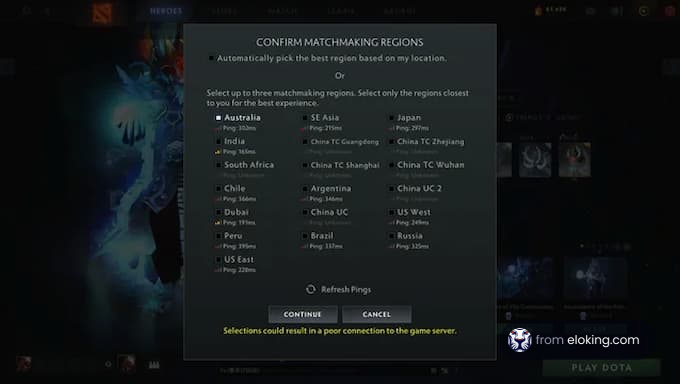 Matchmaking Regions Selection in Dota 2