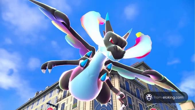 Une créature ressemblant à un dragon coloré volant au-dessus d'une ville