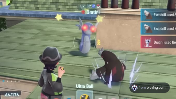 A player attempting to capture a Dratini in a Pokémon game.