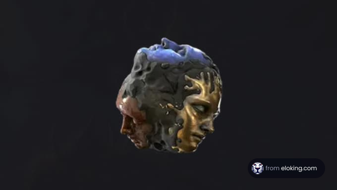 A unique dual-faced sculpture combining elements of nature and artistry.