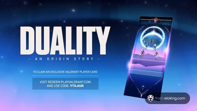 Promotional image for Duality, an Origin Story from Valorant featuring a player card and redemption code