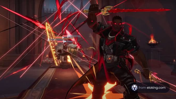 A dynamic action scene featuring a gaming character wielding a sword.