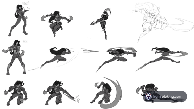 Sketches of a dynamic anime character in various action poses