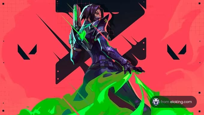 Anime character in futuristic armor with neon green effects on red background