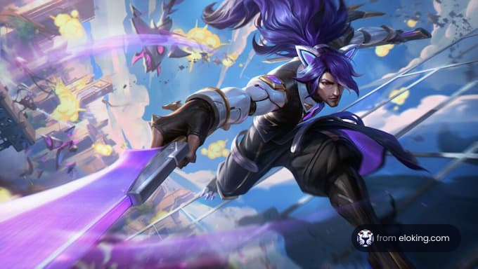 Anime warrior with purple hair and sword leaping into battle