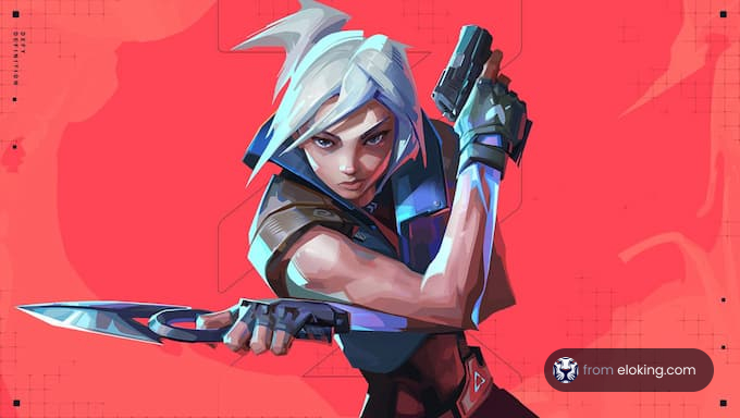 A dynamic action hero wielding a knife and a gun.