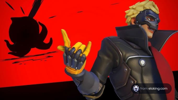 A dynamic character with a stylish pose and a red background.