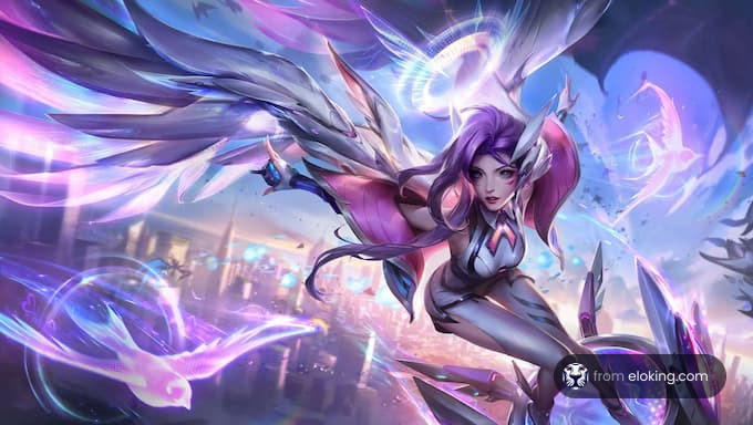 Dynamic female fantasy character with wings flying over a magical cityscape