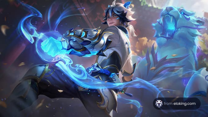 Fantasy warrior riding a mystical blue creature in a magical battle scene