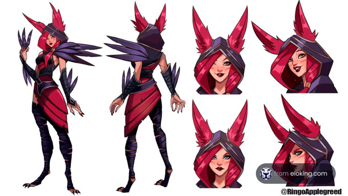 A dynamic character design of a female in a red and purple costume