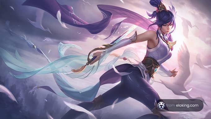 Elegant female warrior with flowing purple hair in a mystical setting