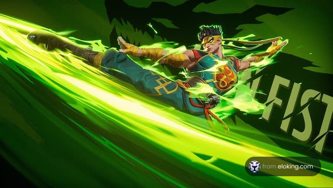 A dynamic fighting hero executing a powerful kick with green energy effects.