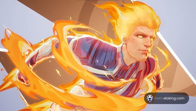A dynamic hero leaping through flames.