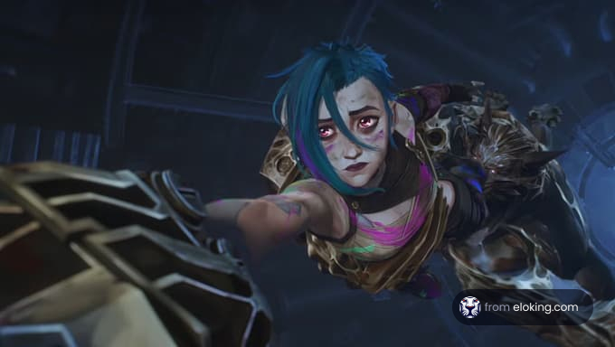 A dynamic futuristic character reaching out.