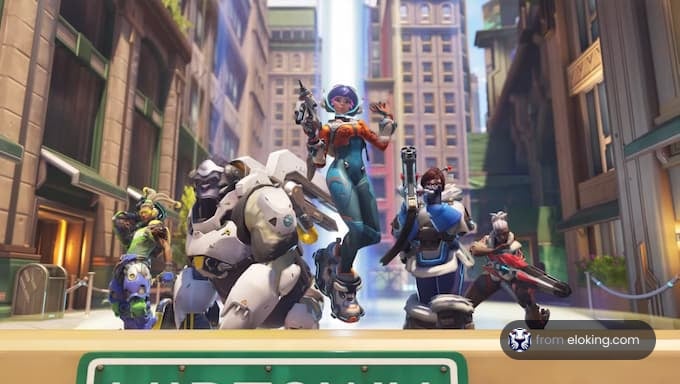 A dynamic team of heroes in an urban battle scene from a video game