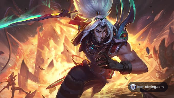 A dynamic warrior in action against a fiery backdrop