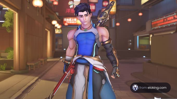 A dynamic warrior character standing in an urban setting.