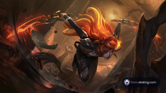 A female warrior with fiery red hair leaping into battle amidst chaos